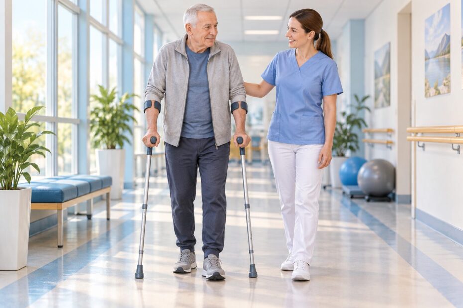 Senior s berlemi při rehabilitaci za doprovodu fyzioterapeutky.